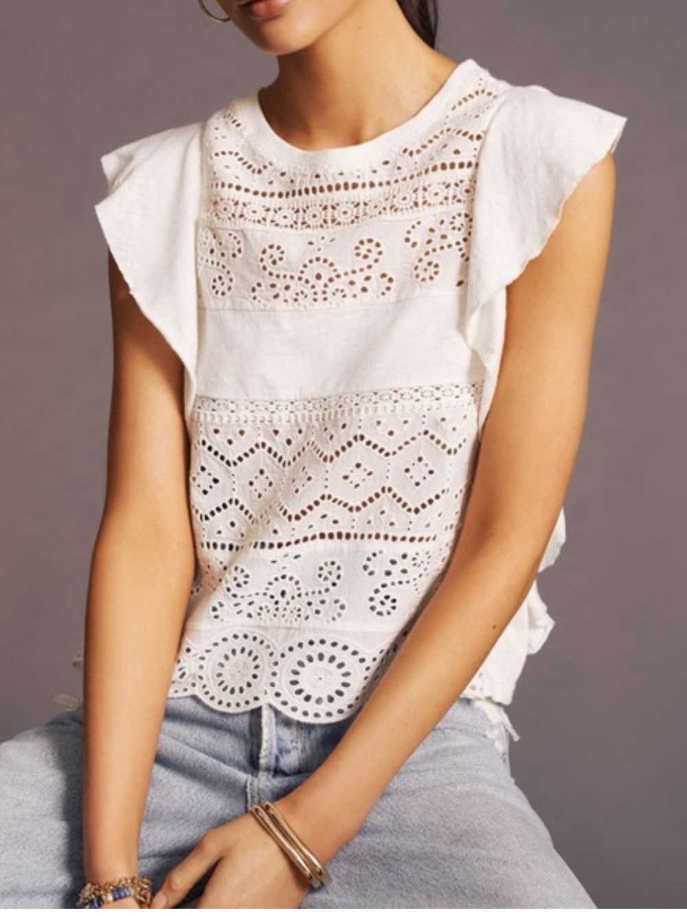 Anthropologie White Eyelet Ruffle-Sleeve Camisole